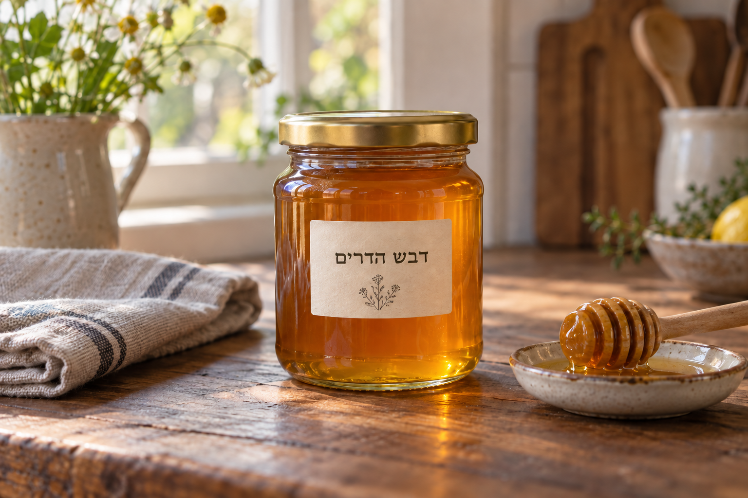 עכשיו ביקשנו להחליף רק את המילים שעל התווית ל„דבש הדרים”, תוך שמירה על הצנצנת והסביבה. זו התוצאה.