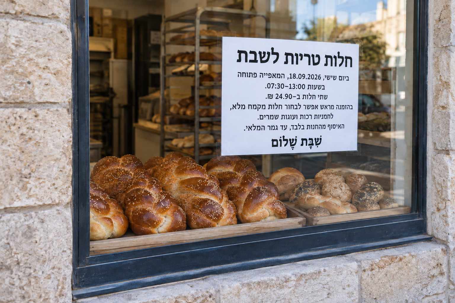 בדוגמה הזאת אפשר לראות היררכיה פשוטה בתוך שלט: כותרת גדולה, פרטים קטנים יותר ושורת סיום. את דיוק הטקסט נבחן בהמשך.